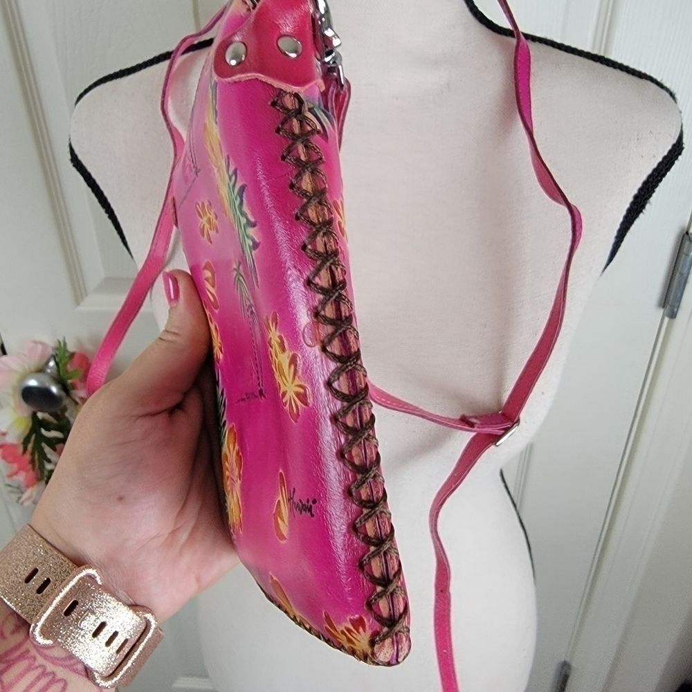 Pink tooled leather crossbody purse floral - Picture 6 of 8